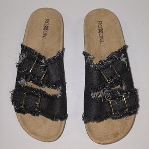 11 Roxoni Denim Flats Sandals Slip Ons Double Buckle Adjustable Straps